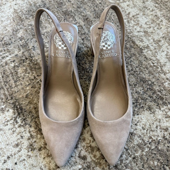 Vince Camuto Taupe Suede Slingback Block Heel Pumps - Picture 6 of 9